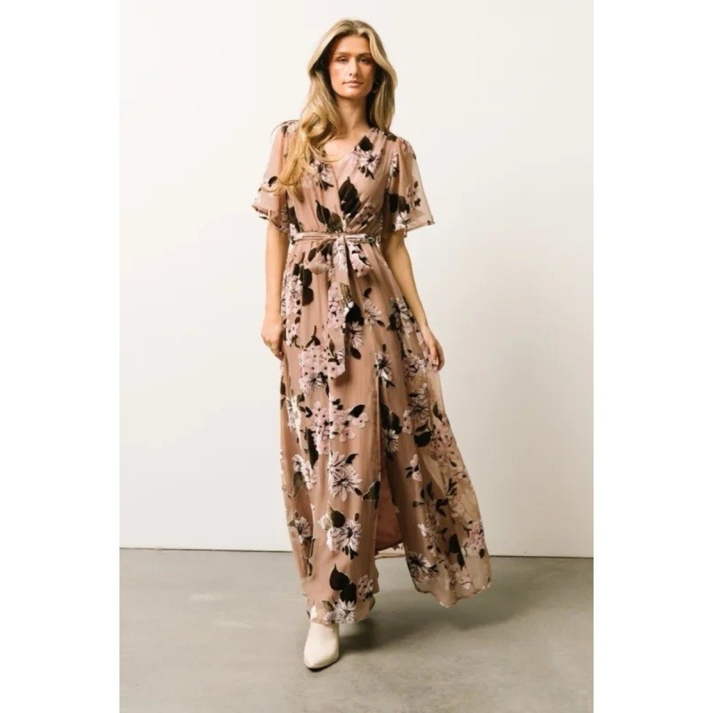 Baltic Born Uma Velvet Maxi Wrap Dress Size Small Pink Beige Floral Belted